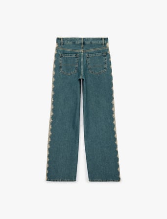 Dantel Detaylı Uzun Düz Paça Pamuklu Denim Pantolon - Straight Fit Jean