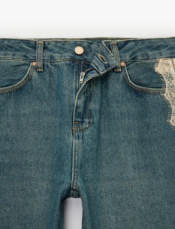 Dantel Detaylı Uzun Düz Paça Pamuklu Denim Pantolon - Straight Fit Jean