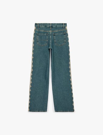Dantel Detaylı Uzun Düz Paça Pamuklu Denim Pantolon - Straight Fit Jean