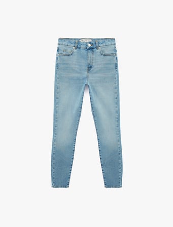 Yüksek Bel Pamuklu Düğmeli Dar Paça Skinny Denim Pantolon - Skinny Push Up Fit Jean