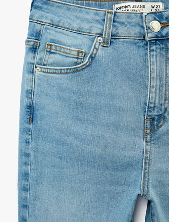 Yüksek Bel Pamuklu Düğmeli Dar Paça Skinny Denim Pantolon - Skinny Push Up Fit Jean