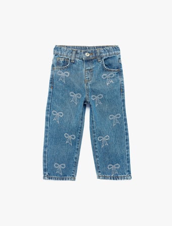 Pamuklu Yüksek Bel Fiyonk Detaylı Denim Pantolon
