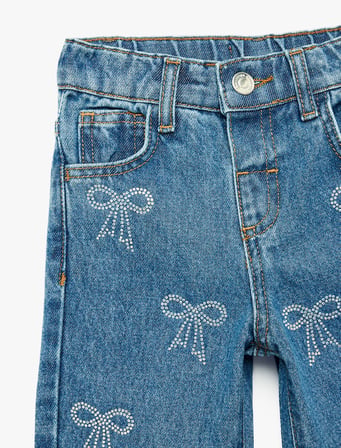 Pamuklu Yüksek Bel Fiyonk Detaylı Denim Pantolon
