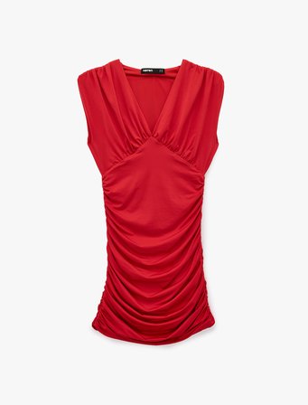 Slim Fit Kolsuz V Yaka Drapeli Mini Elbise