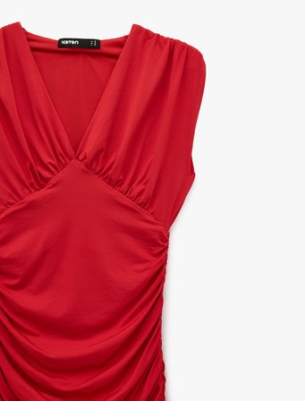 Slim Fit Kolsuz V Yaka Drapeli Mini Elbise