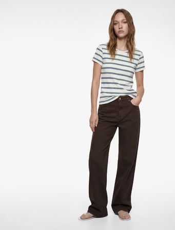 Çizgili Pamuklu Bisiklet Yaka Kısa Kollu Slim Fit Tişört