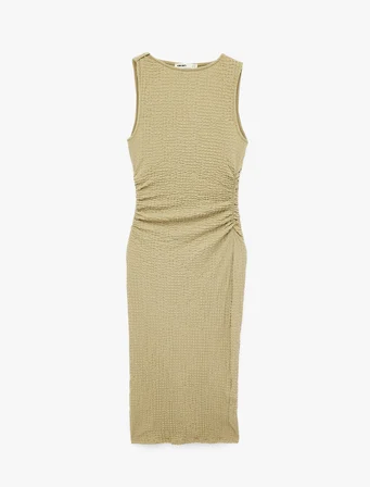 Bürümcük Kumaş Slim Fit Bisiklet Yaka Kolsuz Drapeli Midi Kalem Elbise