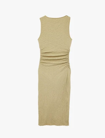 Bürümcük Kumaş Slim Fit Bisiklet Yaka Kolsuz Drapeli Midi Kalem Elbise