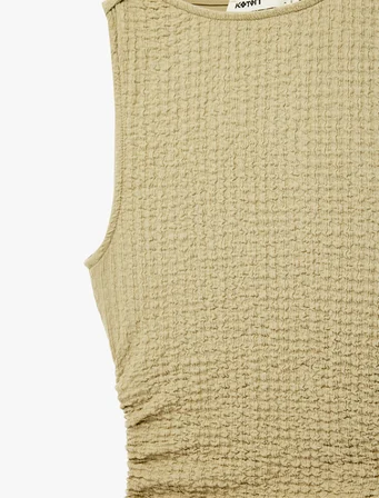 Bürümcük Kumaş Slim Fit Bisiklet Yaka Kolsuz Drapeli Midi Kalem Elbise