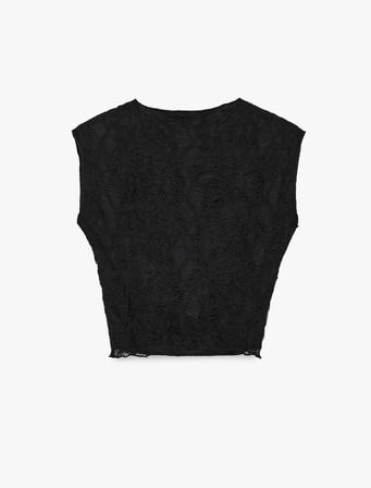 Pencere Detaylı Kolsuz Hakim Yaka Slim Fit Dantelli Bluz