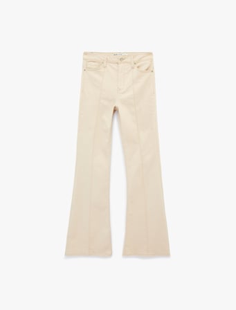 Nervürlü Cepli Düğmeli İspanyol Paça Denim Pantolon - Flare Jeans