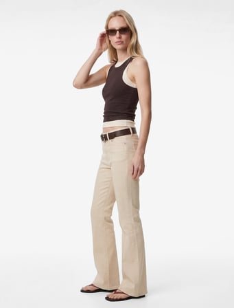 Nervürlü Cepli Düğmeli İspanyol Paça Denim Pantolon - Flare Jeans