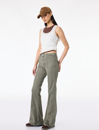 Nervürlü Cepli Düğmeli İspanyol Paça Denim Pantolon - Flare Jeans