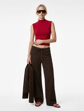Cepli Beli Bağcıklı Pamuklu Bol Paça Pantolon - Loose Straight Fit Jean