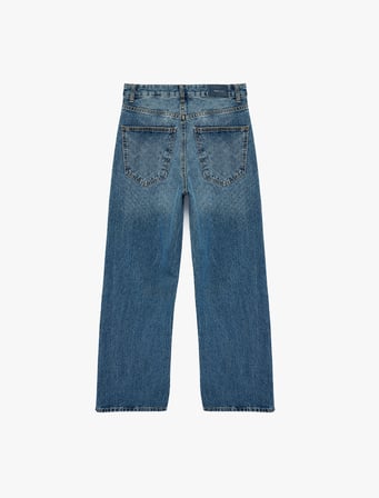 Normal Bel Cepli Düğmeli Düz Paça Bol Kalıp Denim Pantolon - Baggy Jean