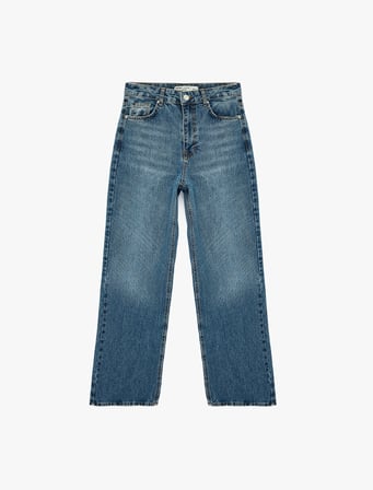 Normal Bel Cepli Düğmeli Düz Paça Bol Kalıp Denim Pantolon - Baggy Jean