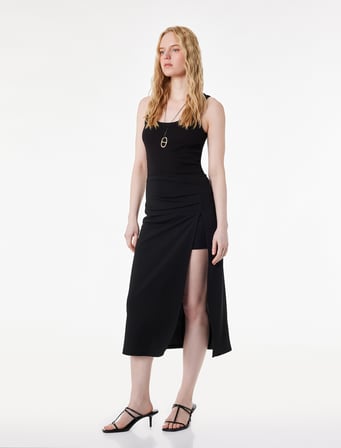 Drape Detaylı Yırtmaçlı Midi Etek