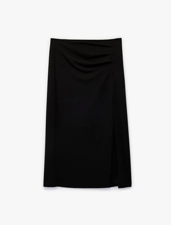 Drape Detaylı Yırtmaçlı Midi Etek