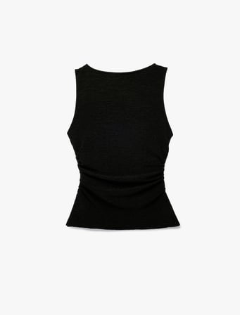 Slim Fit Drape Detaylı Bisiklet Yaka Dokulu Kolsuz Bluz