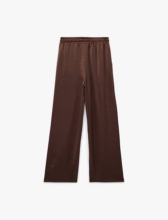 Beli Lastikli Bağlamalı Cepli Geniş Paça Saten Pantolon