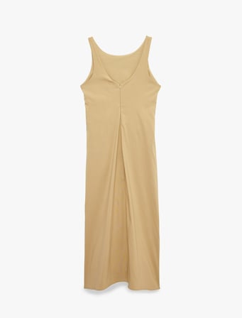 Drape Detaylı Yırtmaçlı Yuvarlak Yaka Kolsuz Midi Boy Bodycon Elbise