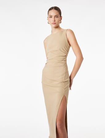 Drape Detaylı Yırtmaçlı Yuvarlak Yaka Kolsuz Midi Boy Bodycon Elbise
