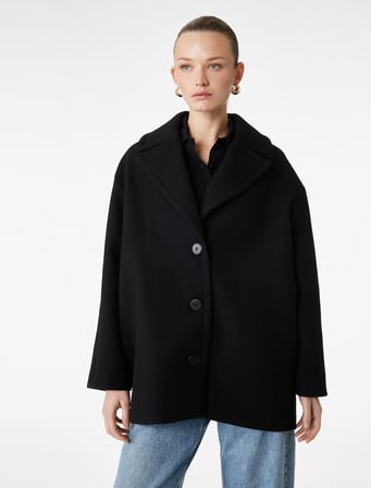Uzun Kollu Cepli Düğmeli Kaşe Oversize Kaban