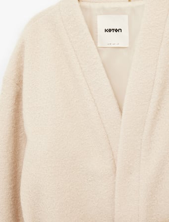 Buklet Kumaş Kemerli Cepli Kruvaze Uzun Kimono Ceket