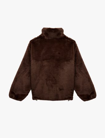 Uzun Kollu Dik Yaka Fermuarlı Suni Kürk Oversize Mont