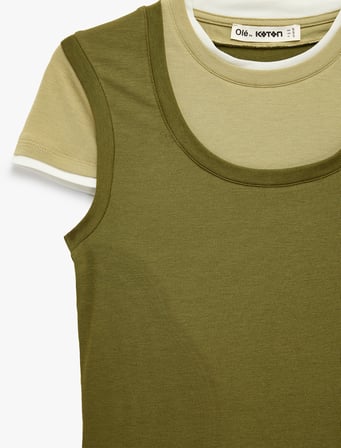 Slim Fit Bisiklet Yaka Katmanlı Viskon Karışımlı Kısa Kollu Tişört