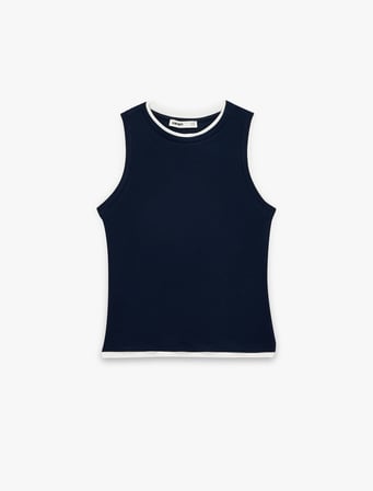 Renk Kontrastlı Katmanlı Slim Fit Bisiklet Yaka Kolsuz Fitilli Bluz