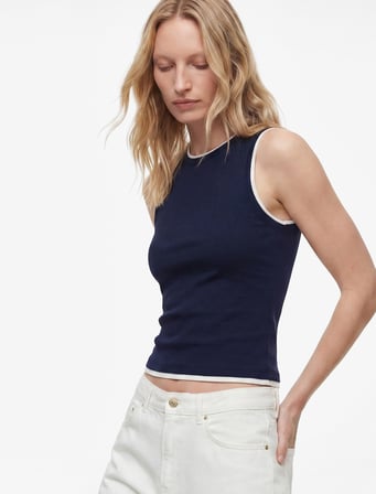 Renk Kontrastlı Katmanlı Slim Fit Bisiklet Yaka Kolsuz Fitilli Bluz