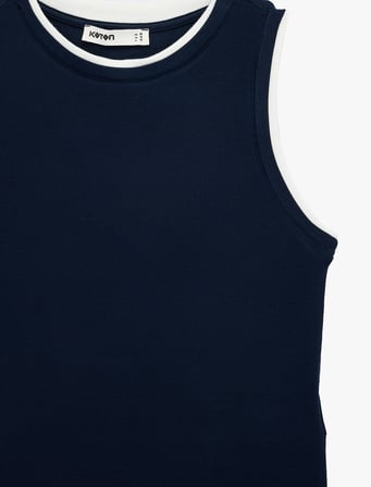 Renk Kontrastlı Katmanlı Slim Fit Bisiklet Yaka Kolsuz Fitilli Bluz