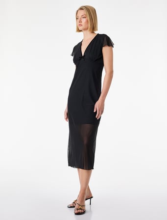 Slim Fit Fiyonk Detaylı Midi Boy V Yaka Karpuz Kol Tül Elbise