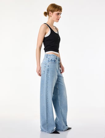 Rahat Kalıp Düğmeli Cepli Taşlı Denim Pantolon - Baggy Jeans