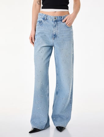 Rahat Kalıp Düğmeli Cepli Taşlı Denim Pantolon - Baggy Jeans