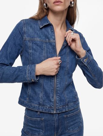 Slim Fit Uzun Kollu Klasik Yaka Fermuarlı Denim Ceket