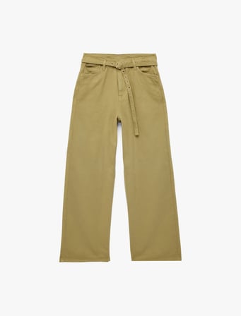 Pamuklu Yüksek Bel Kemerli Geniş Paça Pantolon - Wide Leg Jeans
