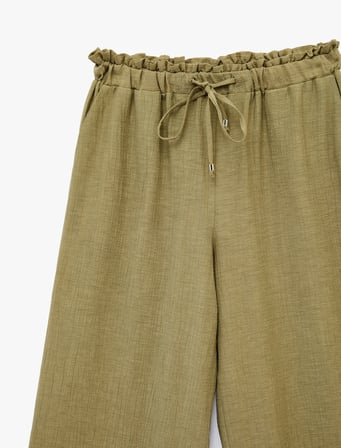 Keten Karışımlı Beli Bağcıklı Lastikli Cepli Bol Paça Pantolon