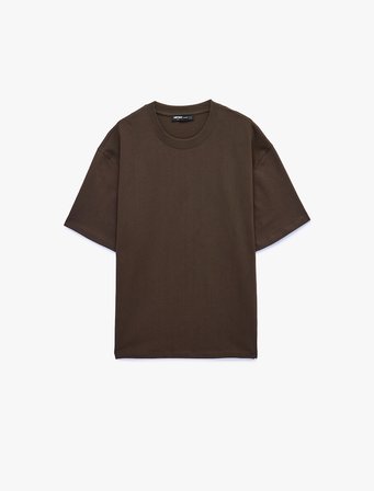 Kısa Kollu Pamuklu Tok Kumaş Bisiklet Yaka Oversize Basic Tişört