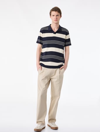 Regular Fit Polo Yaka Çizgili Kısa Kollu Triko Tişört