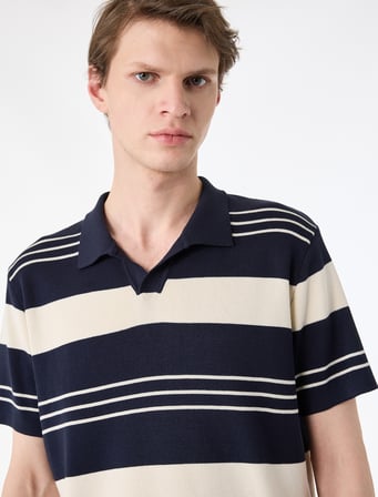 Regular Fit Polo Yaka Çizgili Kısa Kollu Triko Tişört