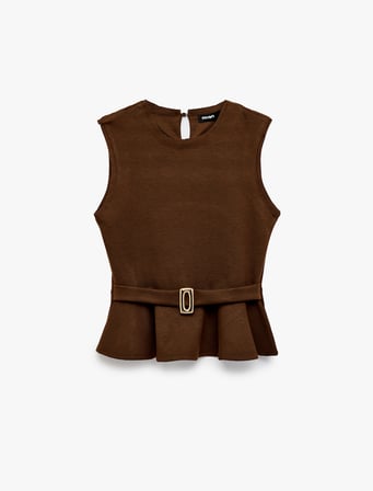 Slim Fit Kolsuz Bisiklet Yaka Kemerli Peplum Bluz