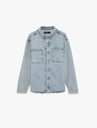 Uzun Kollu Cepli Düğmeli Gömlek Yaka Oversize Jean Gömlek Ceket