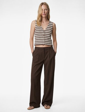 Slim Fit Düğmeli V Yaka Desenli Çizgili Yelek
