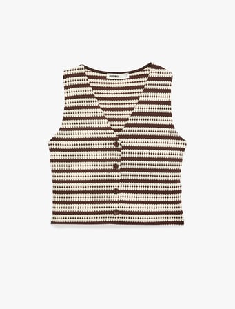 Slim Fit Düğmeli V Yaka Desenli Çizgili Yelek