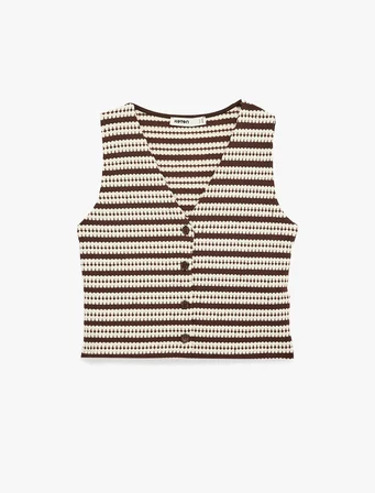 Slim Fit Düğmeli V Yaka Desenli Çizgili Yelek