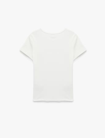 Slim Fit Pamuklu Kısa Kollu Bisiklet Yaka Fiyonk Baskılı Tişört