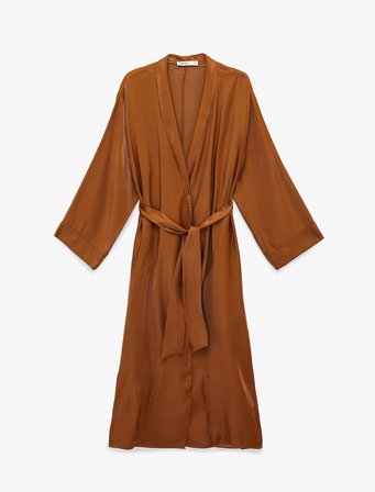 Uzun Geniş Kollu Kuşak Detaylı Uzun Saten Kimono