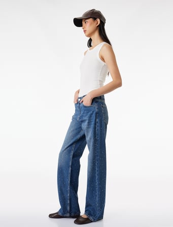 Taş Detaylı Yüksek Bel Düz Paça Denim Pantolon- Straight Jeans